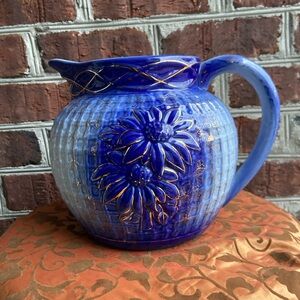 Vintage Victoria Ware Ironstone Pitcher, Blue and White with Gold Accents, 8x10